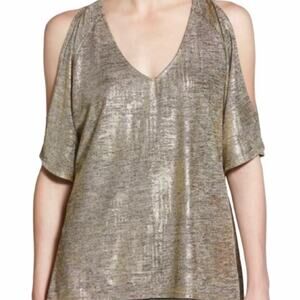 Trouve Gold Tone Metallic Cold Shoulder High Low Blouse Top
